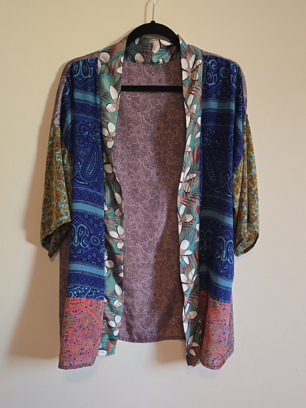Mixed-Print Open Front Kimono Shrug - Blue & Purple